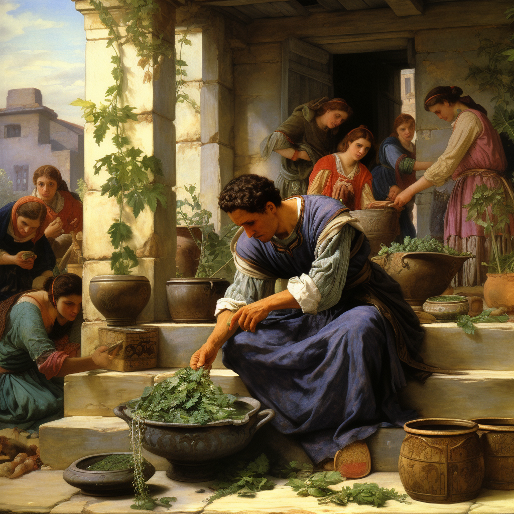 An AI generated image of people in Ancient Greece using herbal remedies as medicines.
